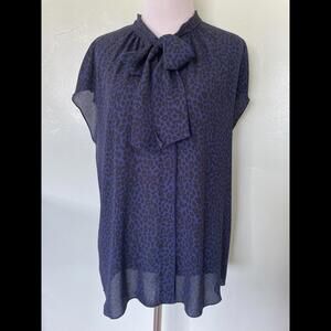 Ann Taylor LOFT Blue Cheetah Print Sleeveless Tie Neck Blouse Large L 20-0171
